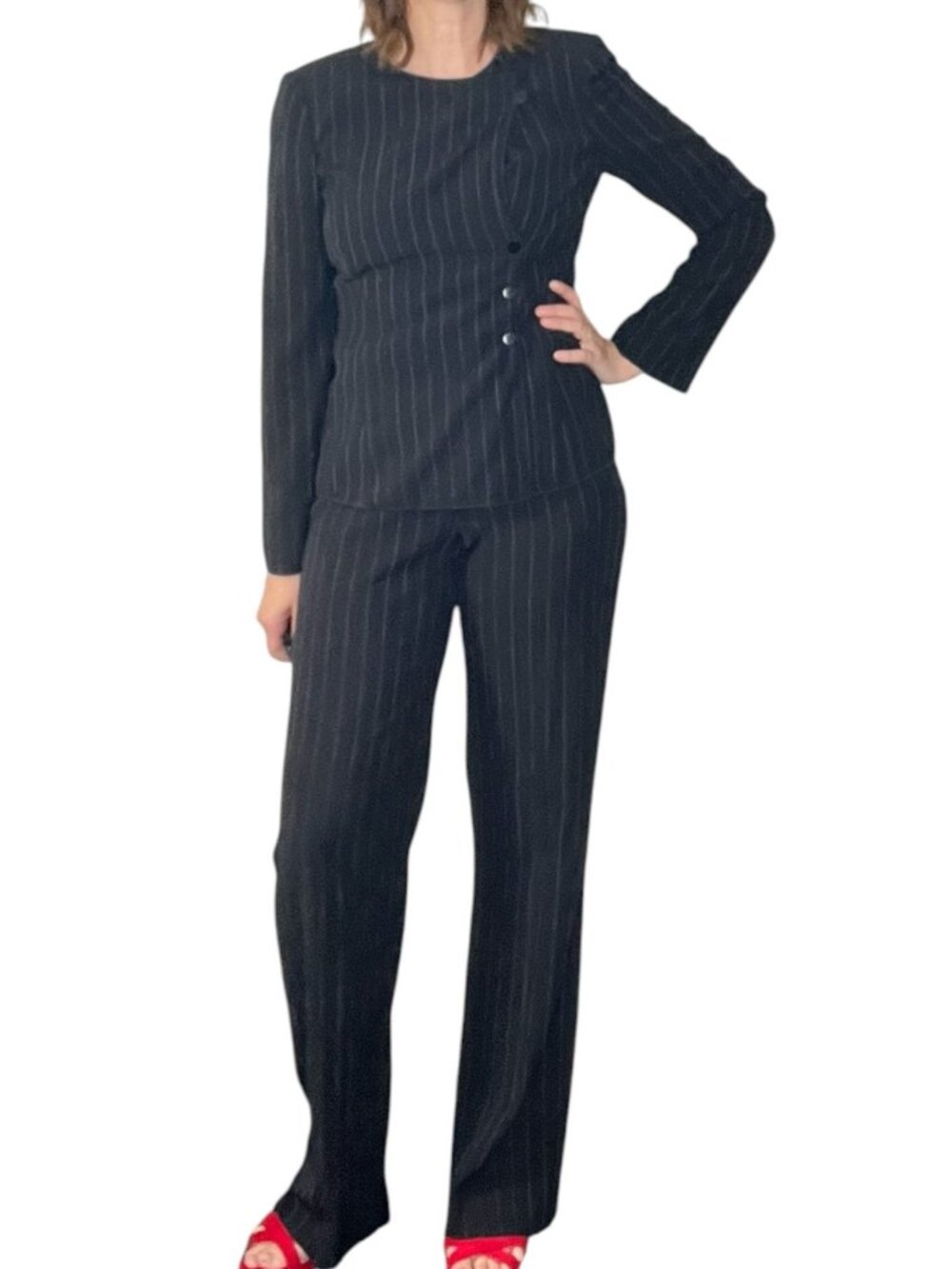 Vintage 90s Armani Collezioni Women's Suit Set Stripe Asymmetric Jacket Black 8